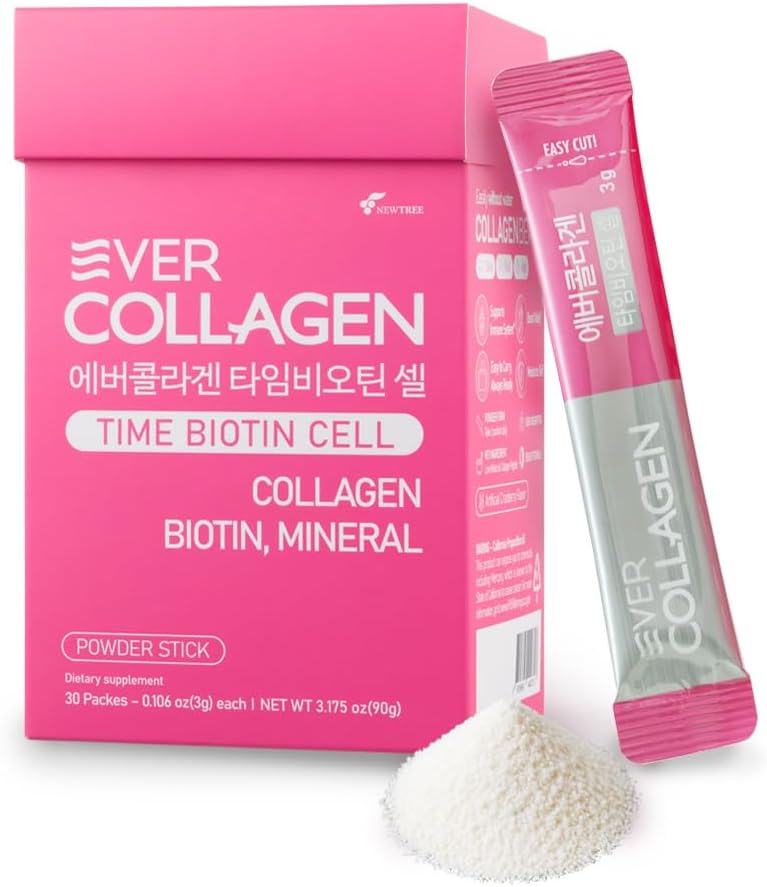 NEWTREE Biotin Cell Low Molecular Weight Marine Collagen Peptides Powder Packet, Protein Powder Supplement for Skin Hair Nail, Travel Packs - Taking Without Water, 30 Sticks