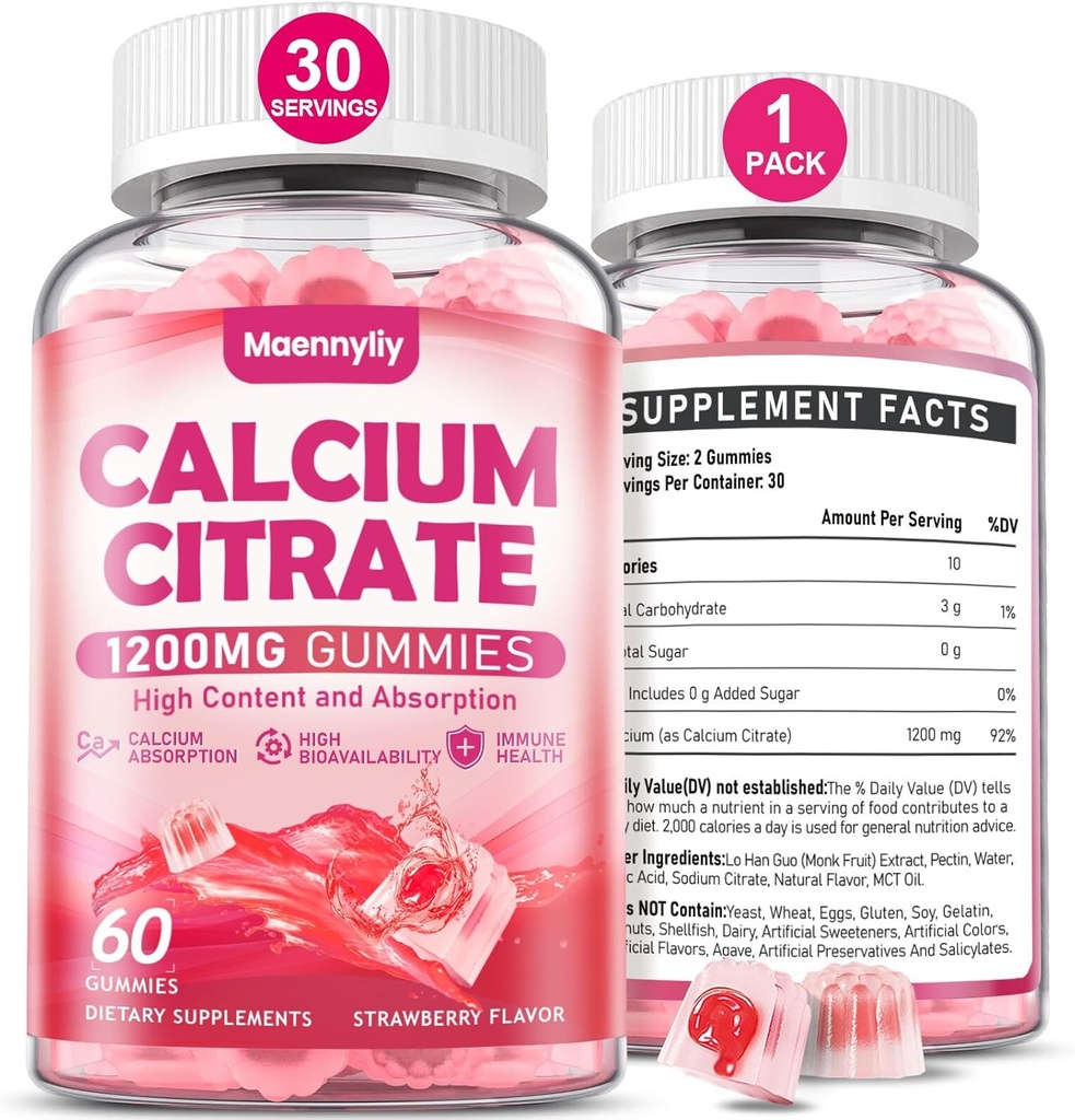 Calcium citraat Gummies 1200 mg voor volwassenen: Ultimate Absorptie Calcium Supplement voor vrouwen en mannen - Gemakkelijk te Digest, Vegan, Non-GMO, Glutenvrij - Natuurlijke aardbeien smaak