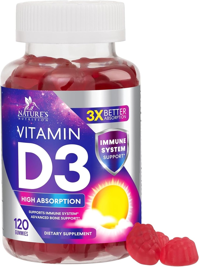 Vitamine D3 Gummy 5000 IE (125 mcg) - Voedingsvitaminen D Supplement voor vrouwen en mannen - Botten, tanden, spier- en immuungezondheidsondersteuning, hoge potentie VIT D3 Nature's Non-GMO & Gluten Free - 120 Gummies