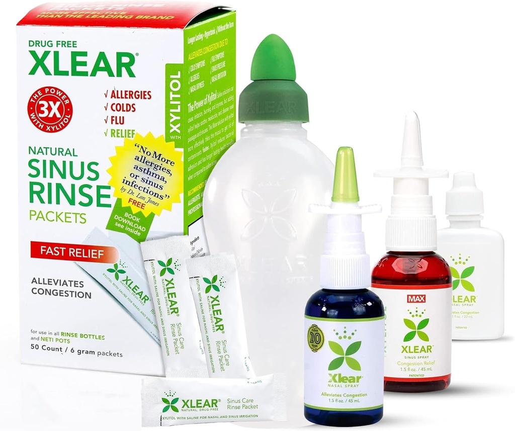 Xlear Allergie Relief Kit, All Day Allergie Redding Kit Inclusief Xlear Neus Spray met Xylitol, Xlear MAX Nasal Spray, Xlear Nasal Rinse Neti Pot en 50 Refill Packets