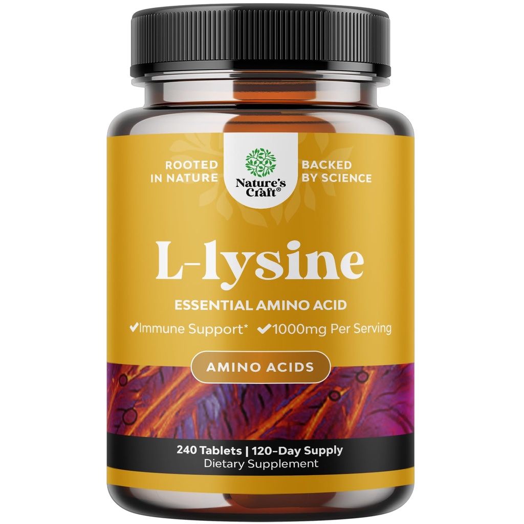 Natures Craft L Lysine 1000mg per Serving Nutritional Supplements - L-lysine Essential Amino Acids for Eye Health Lip Care Bone Support Immuunsysteem Spiergroei en Vegetarische Collagen 240 Tablets