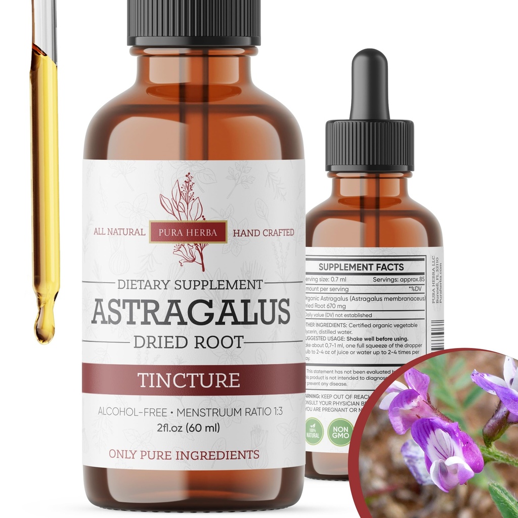 Teinture Astragalus bio - Extrait de racine Astragalus Premium pour le soutien immunitaire - Sans alcool, sans sucre, végétalien - Supplément liquide de haute puissance - Fabriqué aux États-Unis - 2 Fl.Oz.