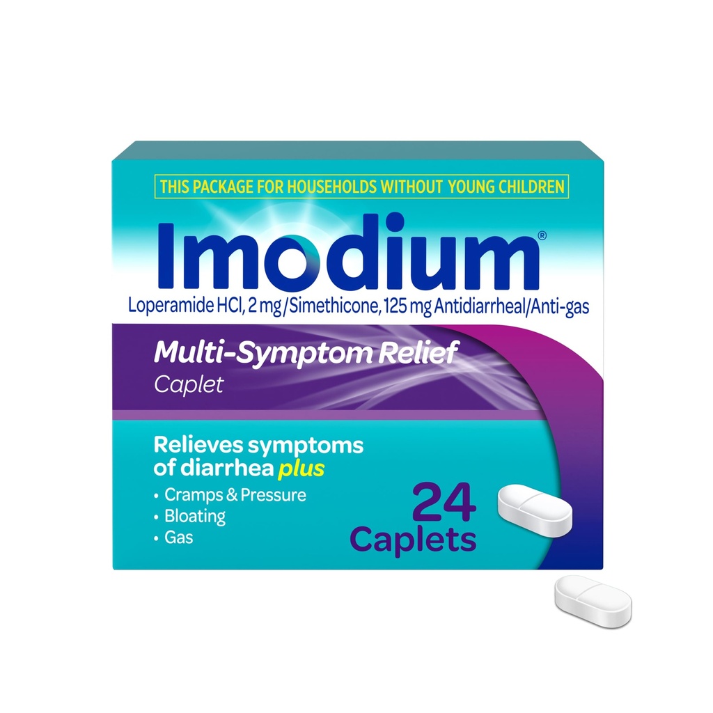 Imodium Multi-Symptoom Relief Caplets met Loperamide Hydrochloroide & Simethicone, Anti-Diarree Geneeskunde voor de behandeling van diarree, gas, opgeblazen gevoel, krampen en druk, gemakkelijker te openen, 24 ct