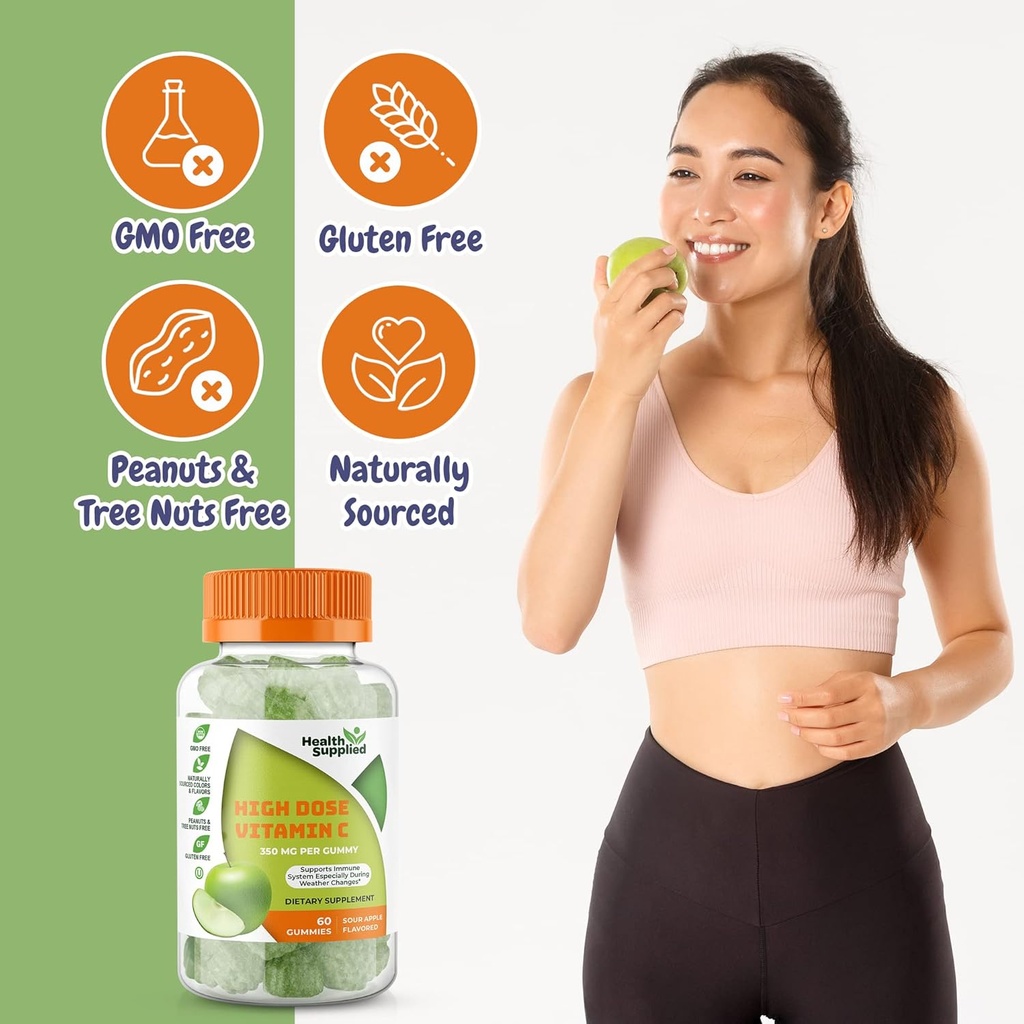 Sour Apple Flavored Vitamine C Gummies Mega Dose - 1050 mg Vitamine C - Verhoogt het immuunsysteem en ondersteunt de gezondheid van het hart - Gemakkelijk te proeven en doorslikken (2 Pack)