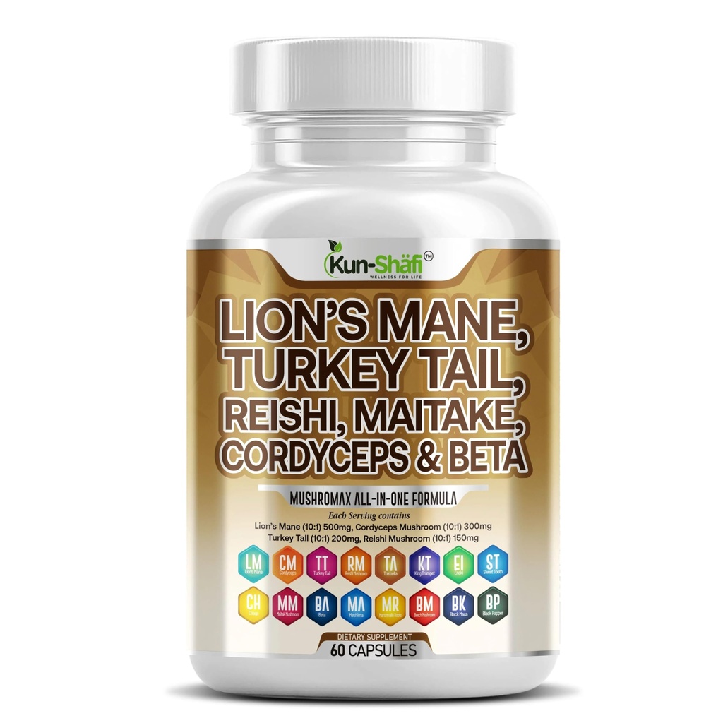 Leeuwen Mane 3000mg 20in1 Paddestoel Supplement met Turkije Tail 2000mg Reishi 1000mg Cordyceps Chaga 1000mg Maitake Meshima Poria Cocos Shiitake Oyster Porcini Enoki 60 Tel.