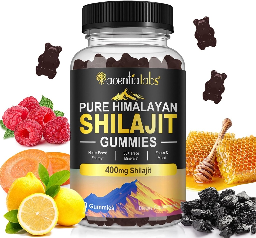 Gummies Shilajit, purs Gummies Shilajit avec 100% Shilajit, Gummies Biologiques Shilajit Riches en Acides Fulvic 85+ Traces Minéraux Convient aux Hommes & Femmes, Non-OGM - 60 Gummy