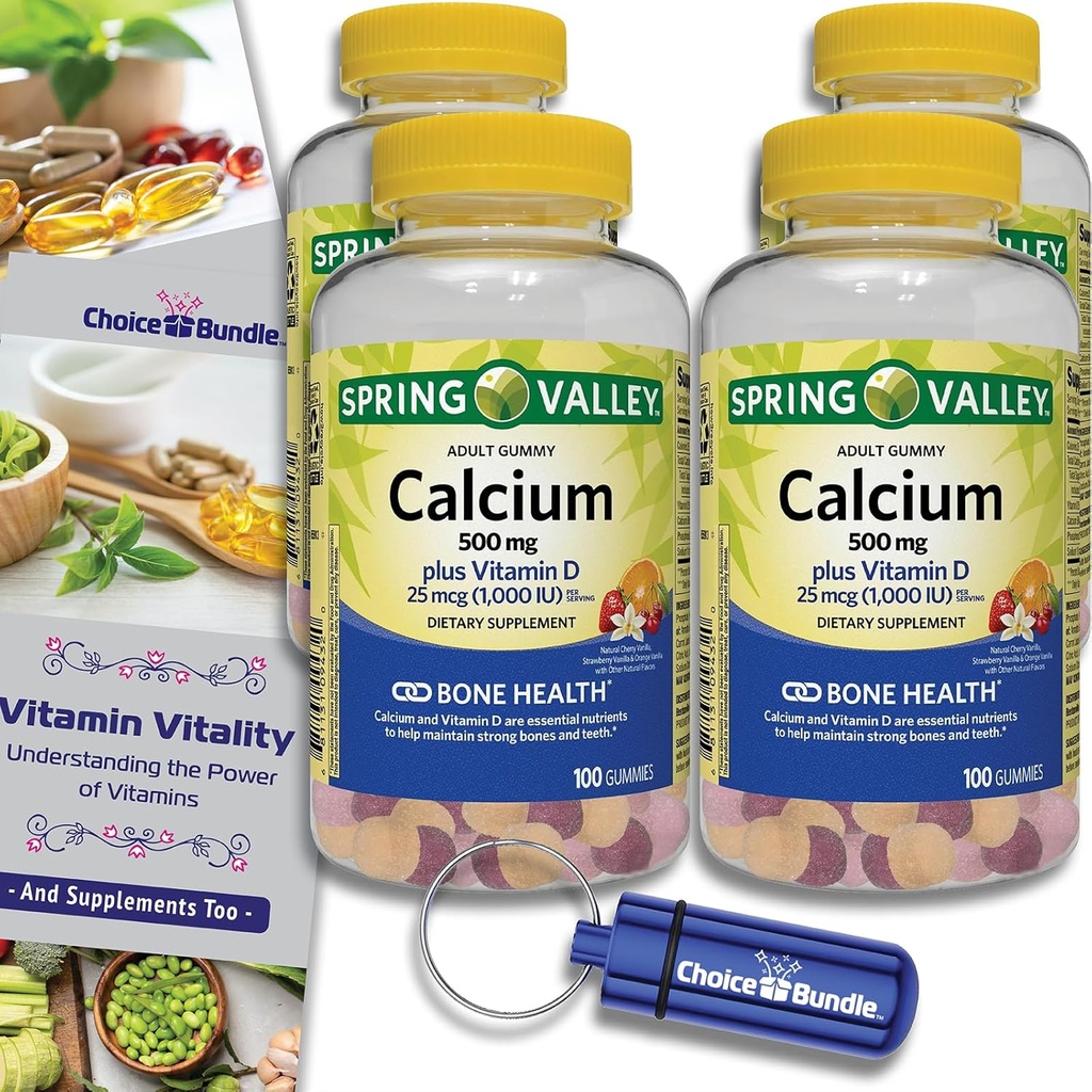 Choice Bundle Spring Valley Calcium 500 mg Plus Vitamin D 25 mcg Bone Health Dietary Supplement Gummies, 100 Ct 4 pk (400 Total) + Vitamin Guide and Pill Container (6 Items)!