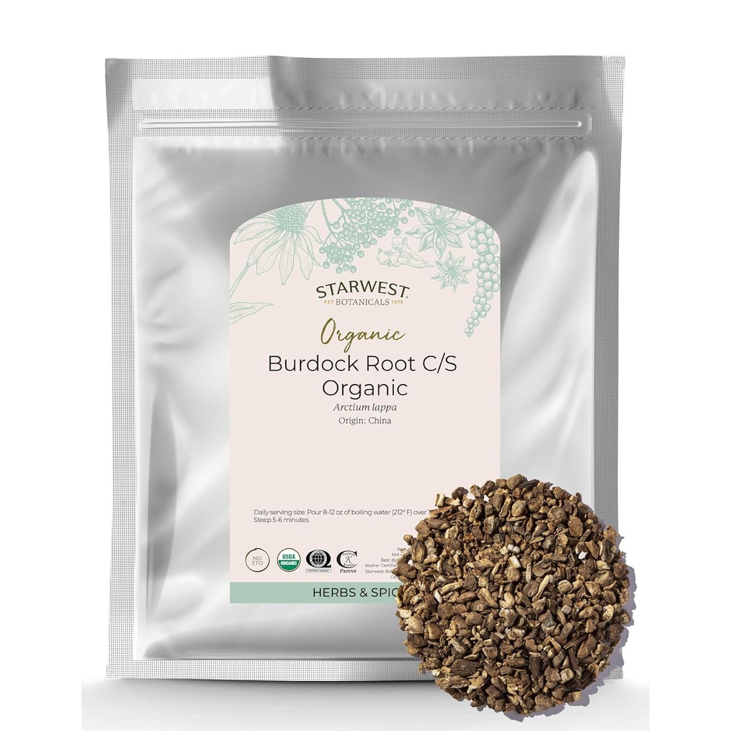 Starwest Botanicals Burdock Root Organic - Natural Source of Antioxidants, Loose Herb for Tea, Rice, Soep, & Stews, Cut & Sifted, Certified Kosher, Non-GMO - Bulk 1 lb Bag