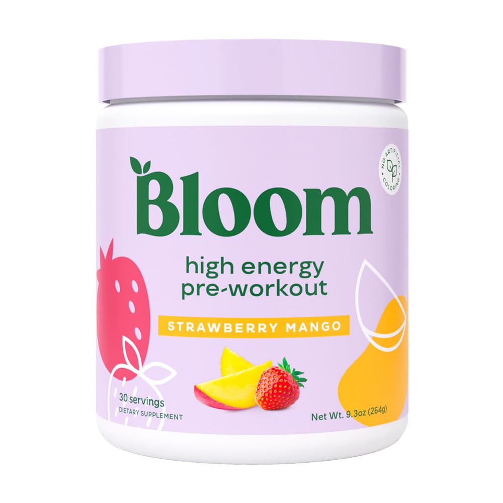 Bloom Nutrition High Energy Pre workout met Beta Alanine, Ginseng en L Tyrosine voor Amino Energie, Natuurlijke Cafeïnepoeder van Green Tea Extract, Keto, Suikervrije Drink Mix, Aardbei Mango