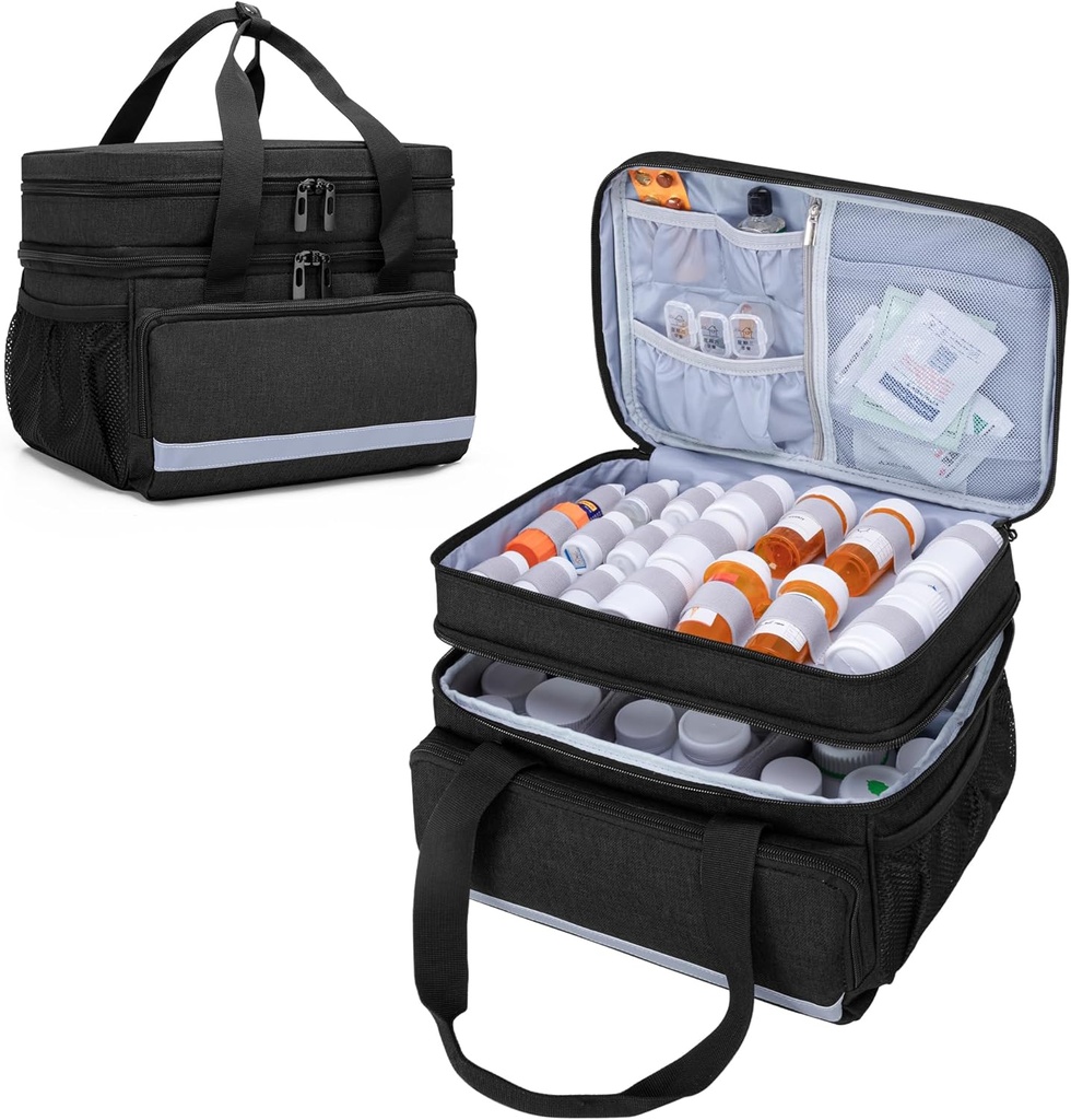 CURMIO Double Layers Pill Bottle Organizer Bag Lege, Medicine Organizer opslag geval met afsluitbare ritsen, Medication Travel Bag voor recept flessen, medische benodigdheden, zwart (Patent Design)