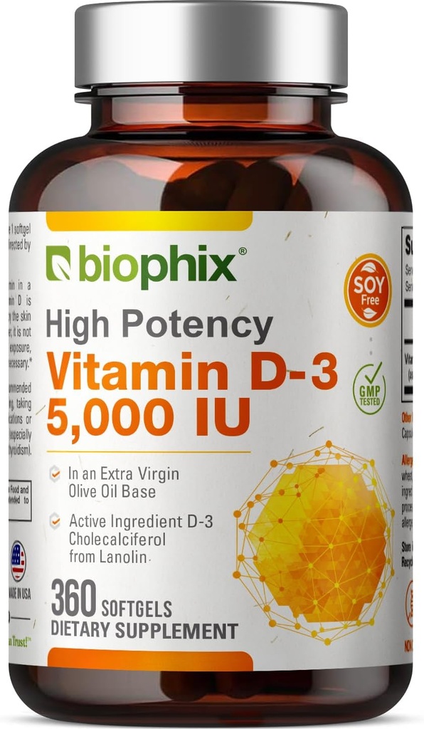 biophix Vitamine D-3 5000 IE 360 Softgels - High-Potency in Extra Virgin Olive Oil Non-GMO Soy-Free ondersteunt sterke botten Immune Health