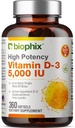 biophix Vitamine D-3 5000 IE 360 Softgels - High-Potency in Extra Virgin Olive Oil Non-GMO Soy-Free ondersteunt sterke botten Immune Health