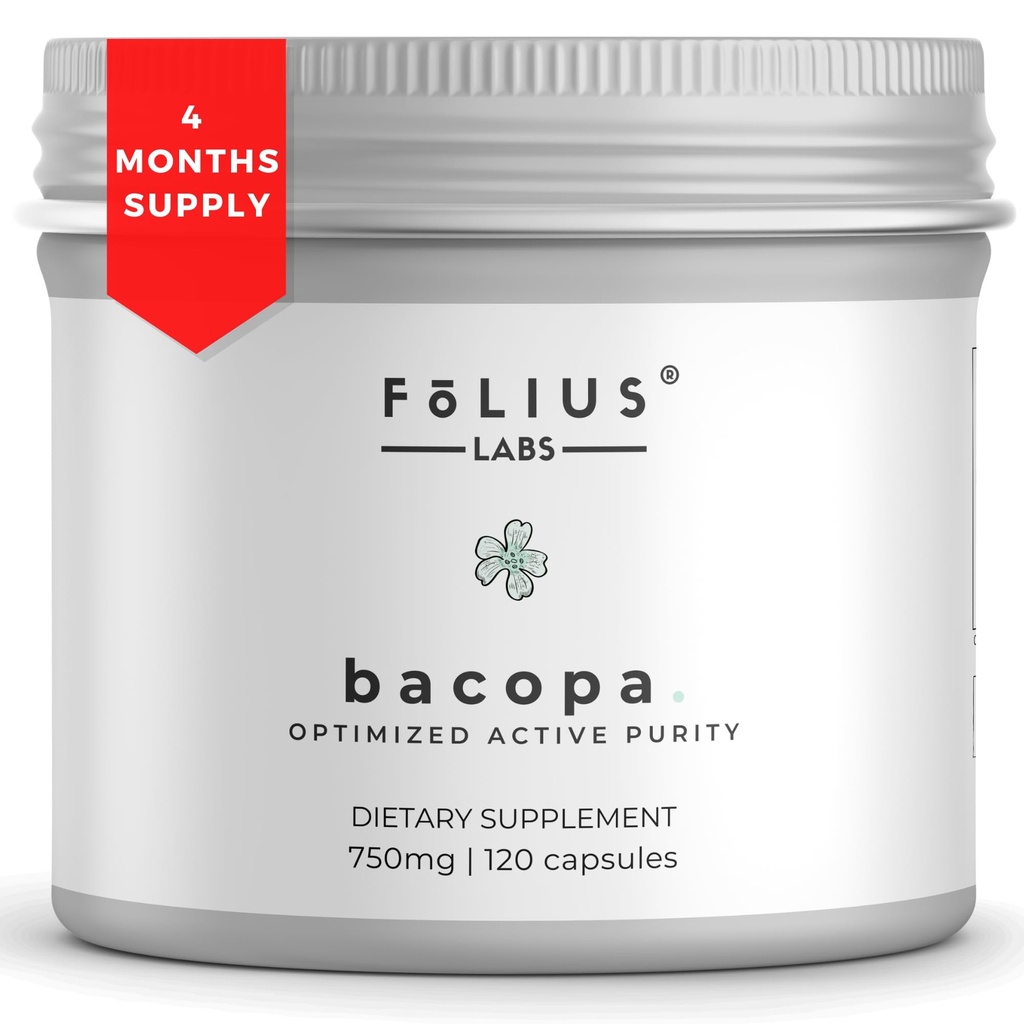 Bacopa Monnieri Capsules 750mg – Supplément à base de plantes avec 40% Bacosides Bacopa Monnieri - Aide à soutenir la mémoire et la capacité cognitive – 120 Capsules