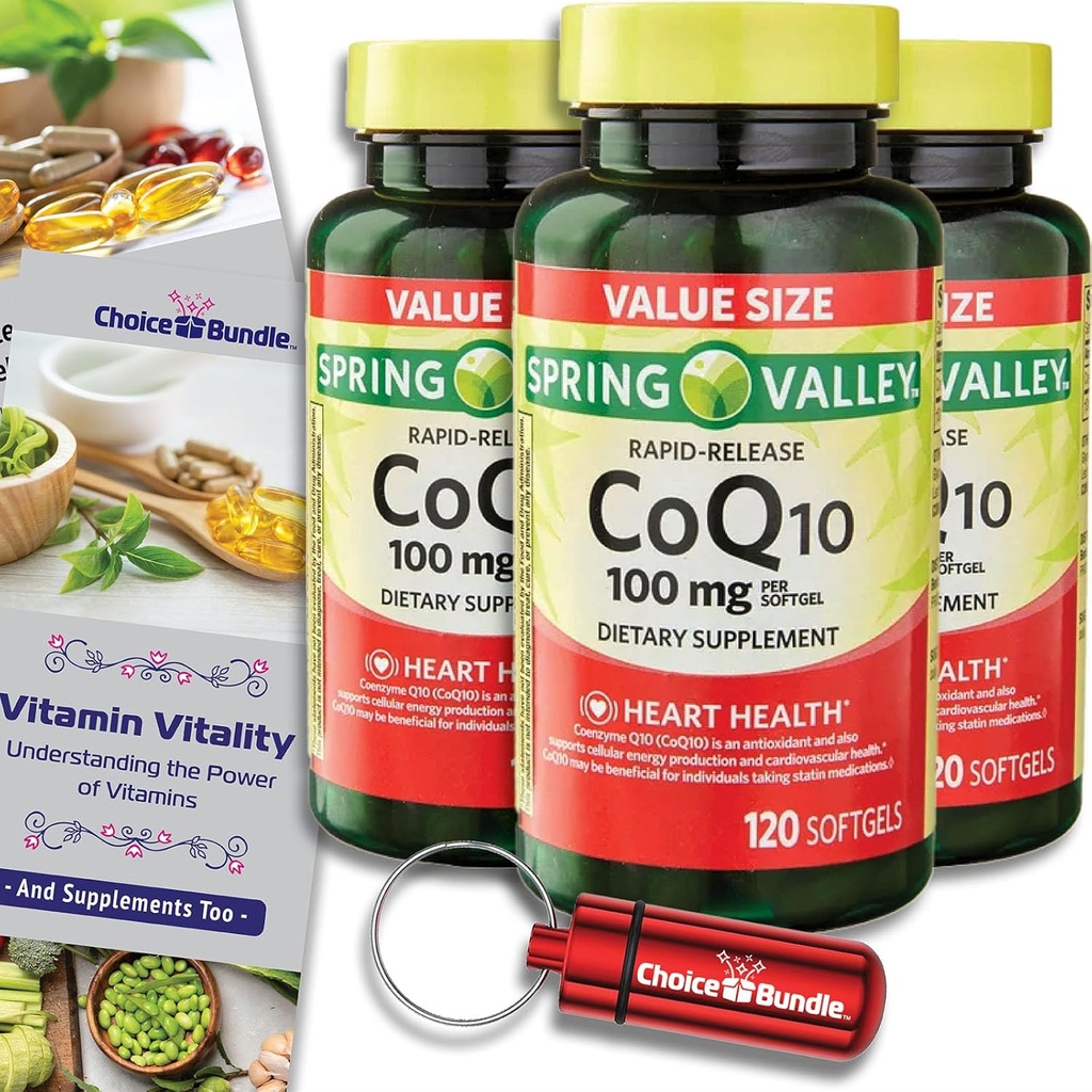 Choice Bundle Spring Valley Rapid-Release CoQ10 Coenzym Q10 100 mg Softgels 120 CT 3 pk (360 Totaal) + Vitamine Guide & Pill Container (5 Items)!