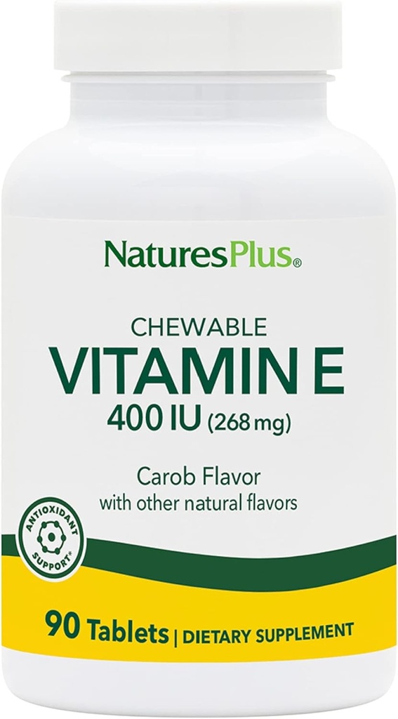 NaturesPlus Vitamine E Kauwbaar - 400 ie, 90 Vegetarische tabletten - Natuurlijke Carob smaak - Gezonde cardiovasculaire functie, Vrij-Radische verdediging en algemeen welzijn - Glutenvrije - 90 porties