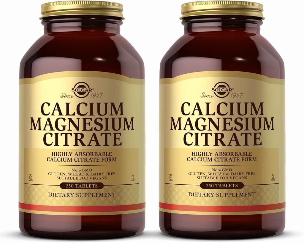 Solgar Citrate de magnésium de calcium, 250 comprimés (paquet de 2) - Soutien des os et des dents sains - Soutien du système musculo-squelettique et nerveux - Très absorbant - Non OGM et végétalien - 100 Total des services