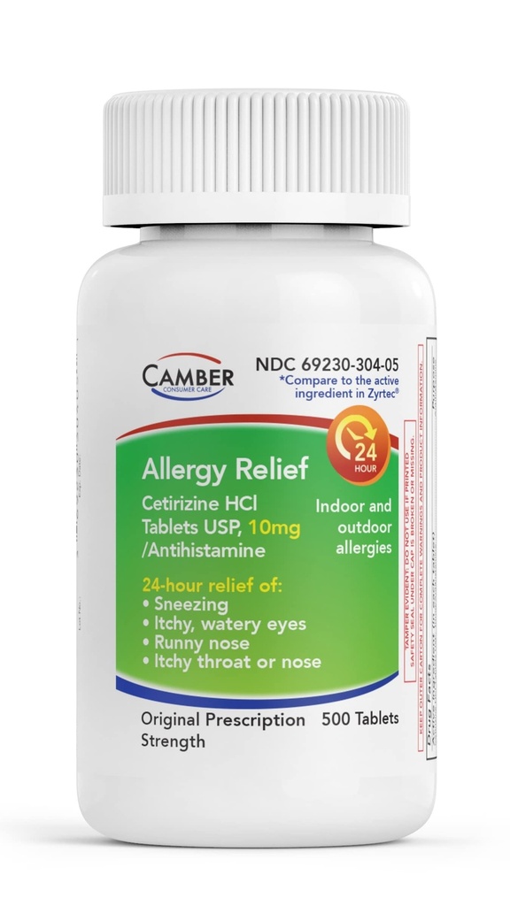 CAMBER FARMACEUTISCHEN, INC Cetirizine HCI 10mg Tabletten, 24-uurs Allergie Relief, Allergie Medicatie - 500 Tel.