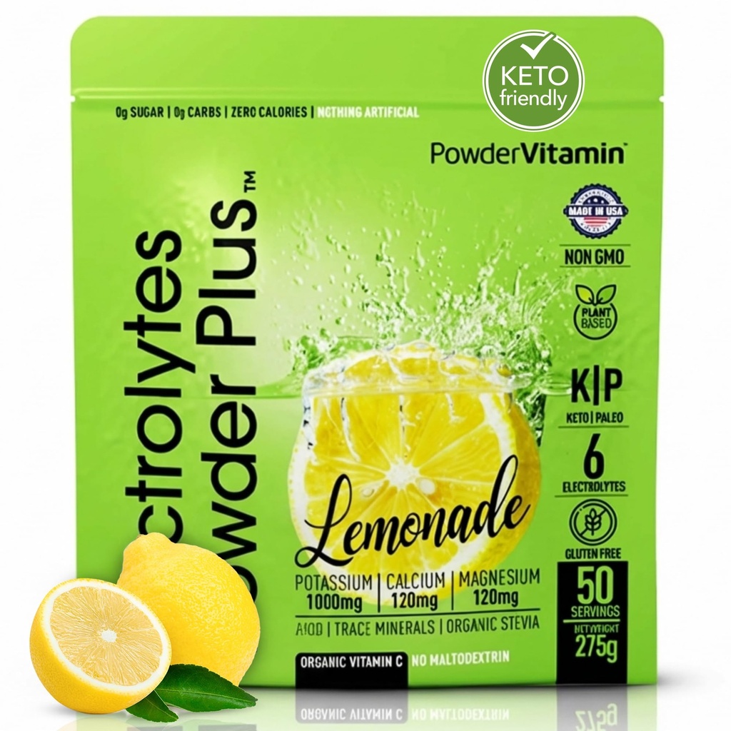 Electrolytes Powder Plus (50 porties), 0 Calorie Keto, 0 Suiker, Geen Maltodextrine,1000mg Kalium,120mg Calcium,120mg Magnesium, Hydratatiepoeder (50 porties, limonade)