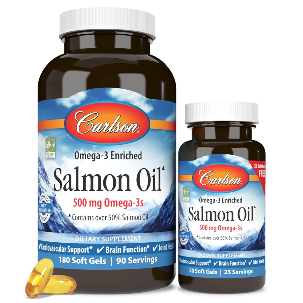 Carlson - Norwegian Salmon Oil, 500 mg Omega-3s, Norwegian Salmon Oil Supplement, Wild Caught Omega 3 Salmon Oil Capsules, Sustainablely Sourced, Brain, Heart & Joint Health, 180+50 Softgels