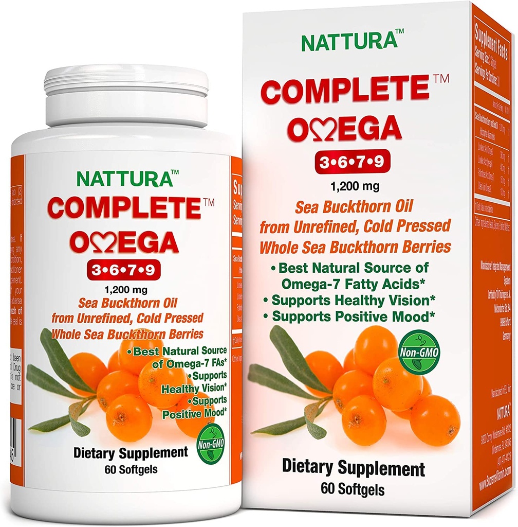 Nattura Complete Omega 3-6-7-9, Pure Sea Buckthorn Oil, Europese kwaliteit, van ongeraffineerde, koude geperste hele zee Buckthorn Wilde Bessen - Niet-GMO, Certified Kosher, Glutenvrije 1 Fles - 60 Capsules