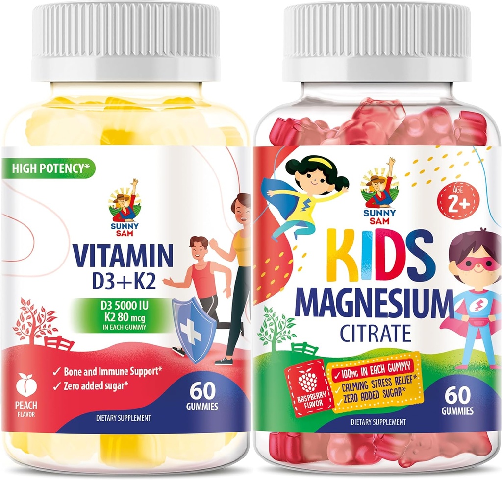 SUNNY SAM Vitamine D3 K2 Gummies 5000 IE & Magnesium Gummies for Kids Citrate Chewable Supplement for Mood & Muscle Support