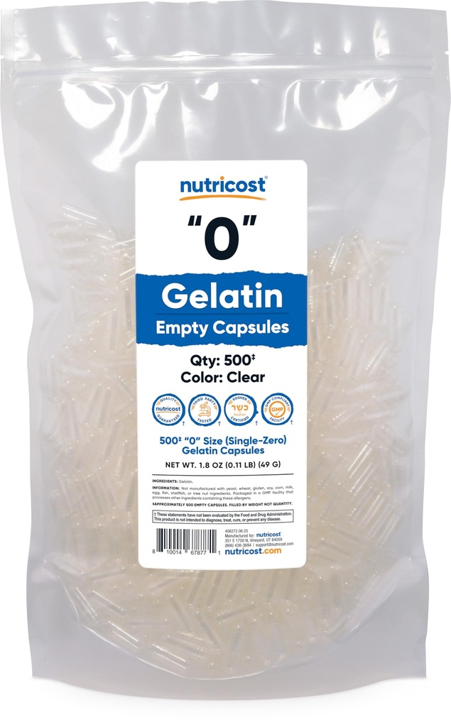 Nutricost Lege Capsules Gelatine Maat 0-500 Helder Lege '0' Gel Capsules - Kosher, Non-GMO, Sojavrij, Glutenvrij