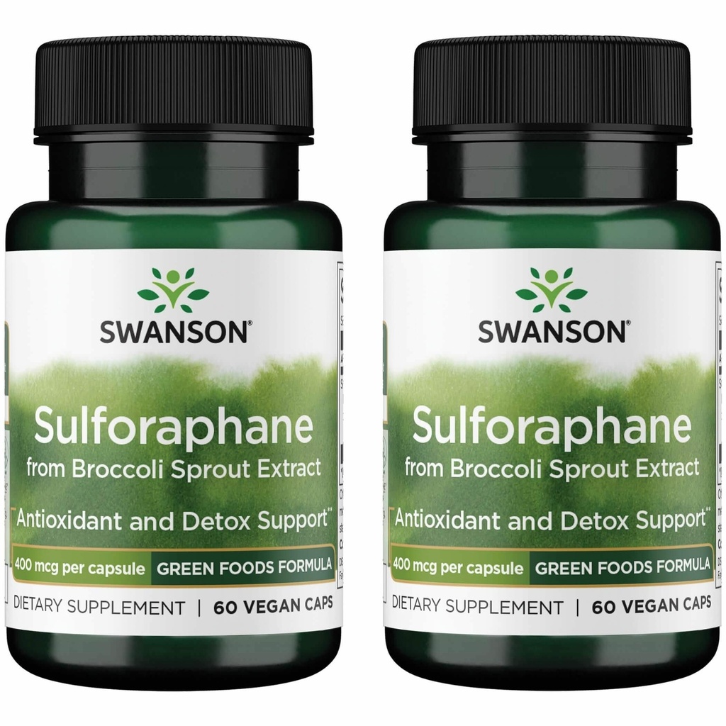 Swanson Sulforaphane - Broccoli Spruit Extract Ondersteuning Cellular, GI Tract, en de gezondheid van de lever - Natuurlijke supplement Gestandaardiseerd tot 0,4% Sulforaphane - (60 Veggie Capsules, 400 mcg Elk) (2 Pack)
