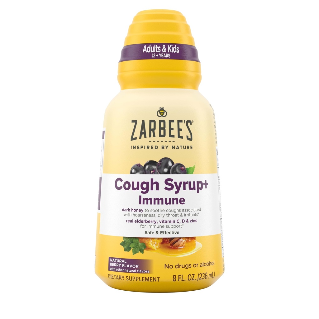 Zarbee's Naturals Complete Daytime Cough Syrup + Immune met donkere honing, echte vlierbes, vitamine C, D & Zink, 8 oz fles