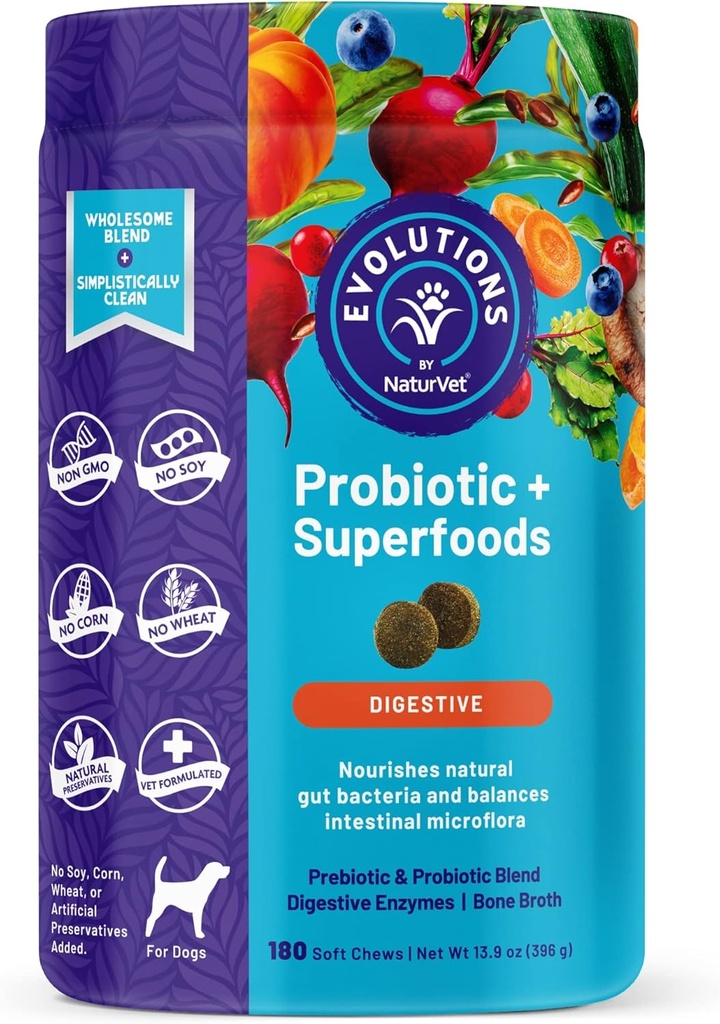 NaturVet Evolutions Probiotische & Superfoods 90ct Zachte Kauwen voor honden - Prebiotische & Probiotische Blend, Digestieve Enzymen, Bone Broth, Omega's - Voedt natuurlijke Gut Bacteriën en Intestinale Microflora