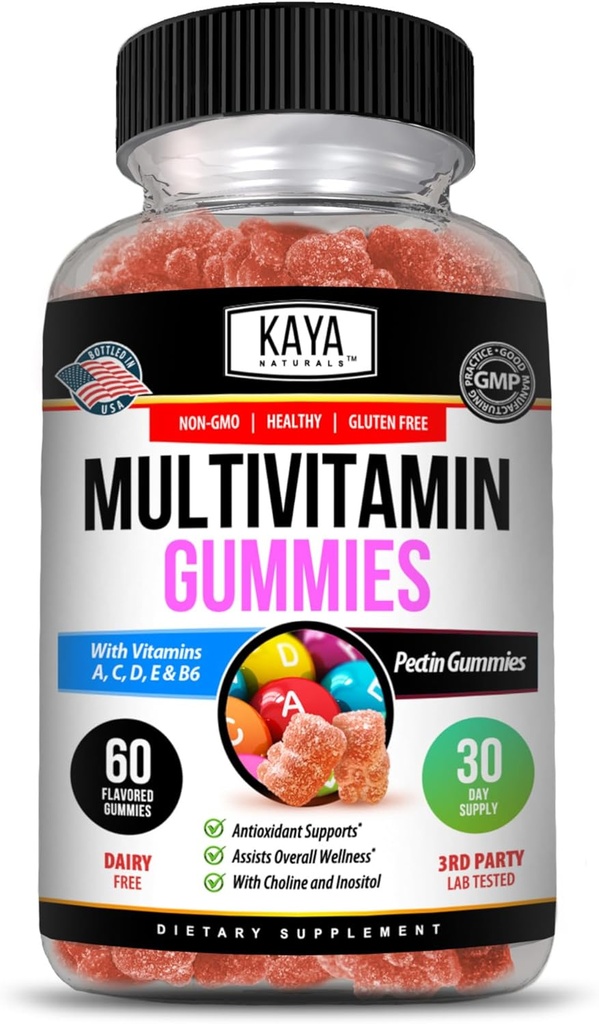 Kaya Naturals Gummy multivitamine adulte, biotine, vitamine A, C & E, y compris le zinc et la vitamine B-12, acide folique, saveur de fraise.