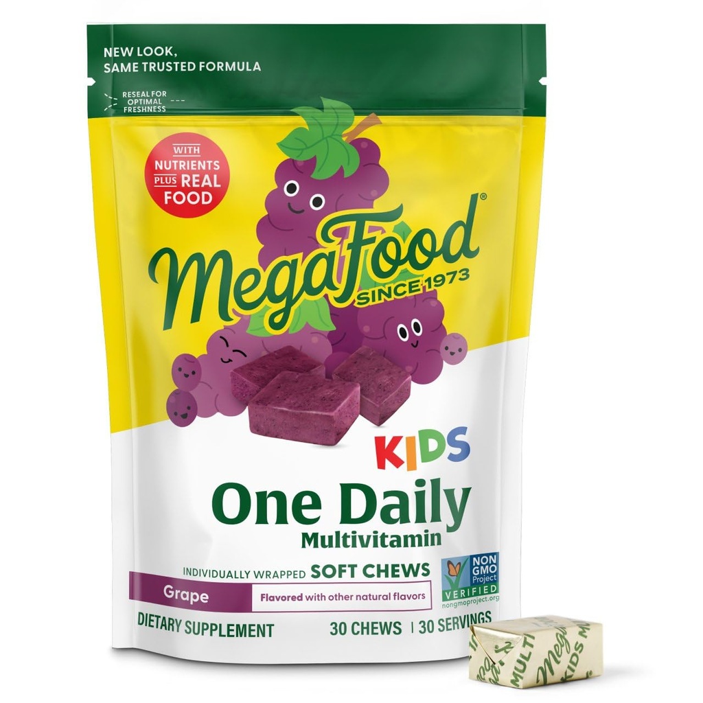 MegaFood Kids One Daily Multivitamine Zachte Kauwen - Kids Vitaminen met Vitamine B, Vitamine C, Vitamine D & Vitamine E - Leeftijd 4+, Vegetarisch, Made Without 9 Food Allergenen - Druivensmaak - 30 Kauwen