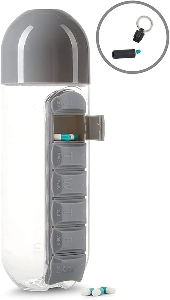 Urban Essentials Waterfles Portable Pill Insertion Organizer Waterfles met Ingebouwde Dagelijkse Vitamine Houder Supplement Organisator Case - met Gratis Pill Keychain BPA Gratis Plastic Fles
