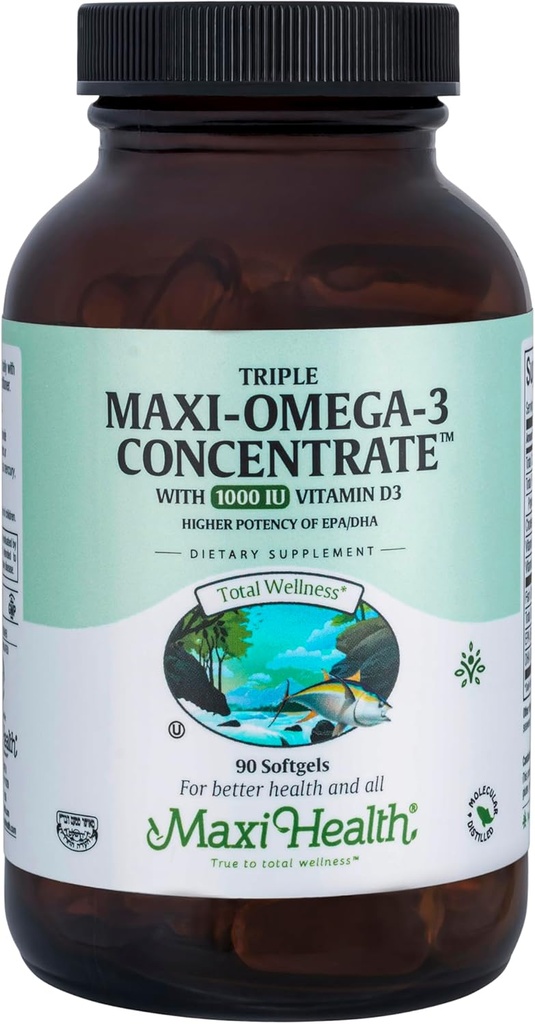 Maxi Health Triple Omega-3 Concentraat - Visolie -"1000 IE" Vitamine D3-90 Capsules - Kosher