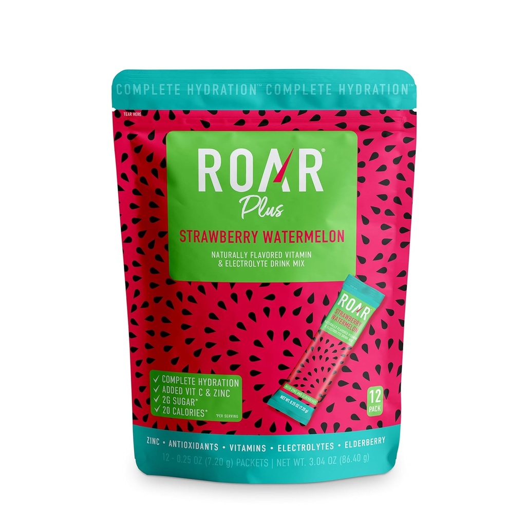 Roar Complete Hydration Powder Plus - Hydration Packets met Zink en Vlierbes - Elektrolyten Poeder Geen GGO's, Glutenvrij - Tropische draai - 12 st