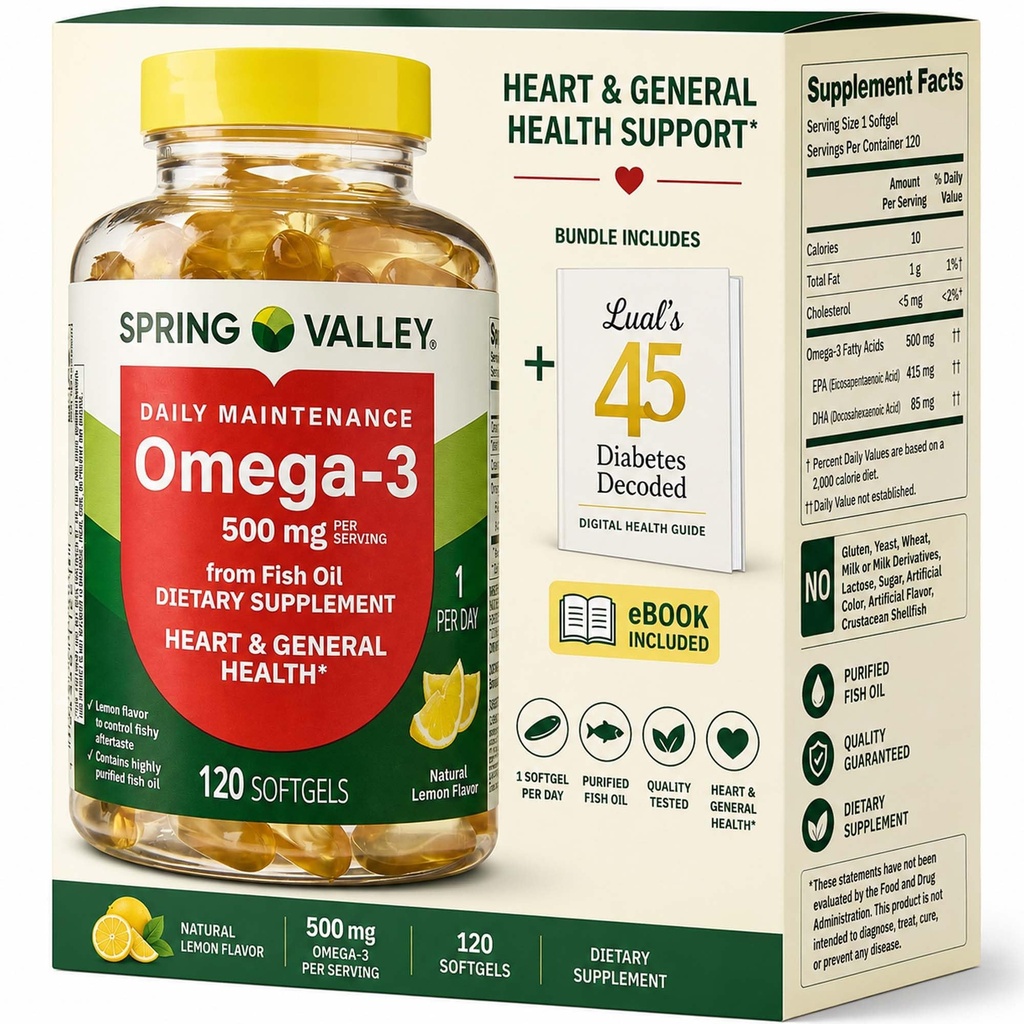 Spring Valley Omega-3 van Fish Oil 500 mg 120 Telling, SoftGels, General & Heart Health Dieetsupplement Bundel met Luall's 45 Diabetes Decoded