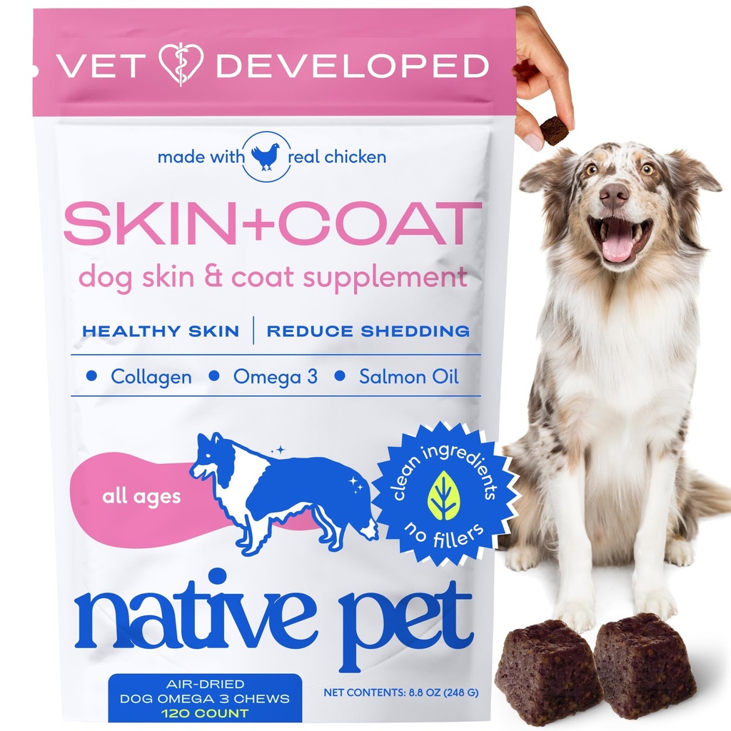 Native Pet Omega Skin and Coat Chews for Dogs - Hondenhuid en Coat Supplement voor gezonde, glanzende bont, Verminder Vergieten en Droge Vlekken - Gemaakt met Omega 3 Visolie en Wild-Caught Zalmolie - 120 Kauwen