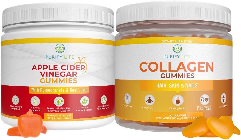 Apple Cider Vinegar & Collagen Bundle, Gummies for Womens Hair Growth, Healthier Skin & Nails (Bulk 90 Gummies) Joint Care Vitamine, Immune Support, Detox, Metabolisme, Heren Womens Acid Reflux