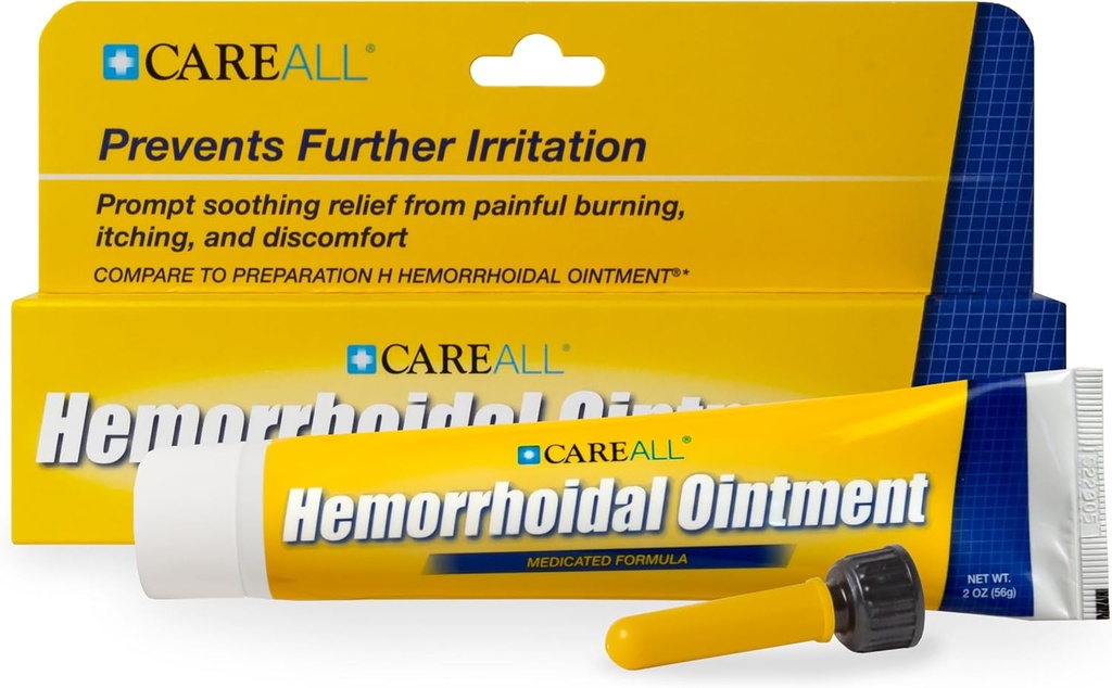 CareAll Hemorrhoidal Zalf 2.0 oz met Applicator. Helpt Verbranden, jeuken, en ongemak geassocieerd met ontstoken aambei weefsel. Kleurstof, ftalaat en geurenvrij