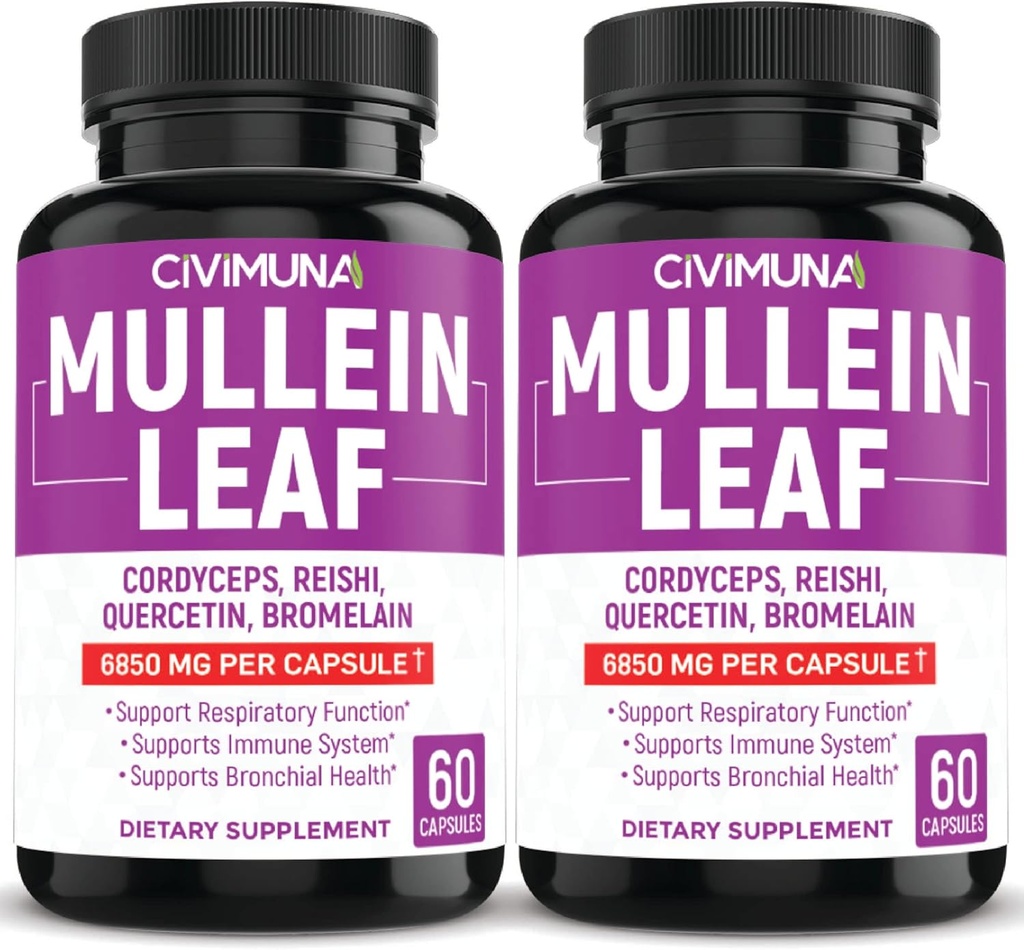 (2 verpakkingen) Mullein Leaf Capsules 6850mg - Mullein Leaf, Cordyceps, Reishi - 4 maanden levering