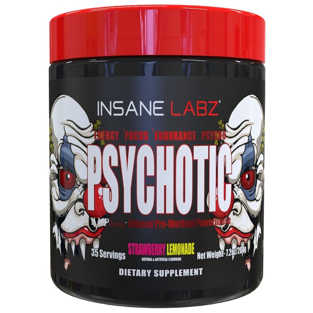 Insane Labz Psychotisch, High Stimulant Pre Workout Powder, Extreme Lasting Energy, Focus and Endurance met Beta Alanine, Creatine Monohydraat, DMAE, 35 Srvgs (Strawberry Lemonade)