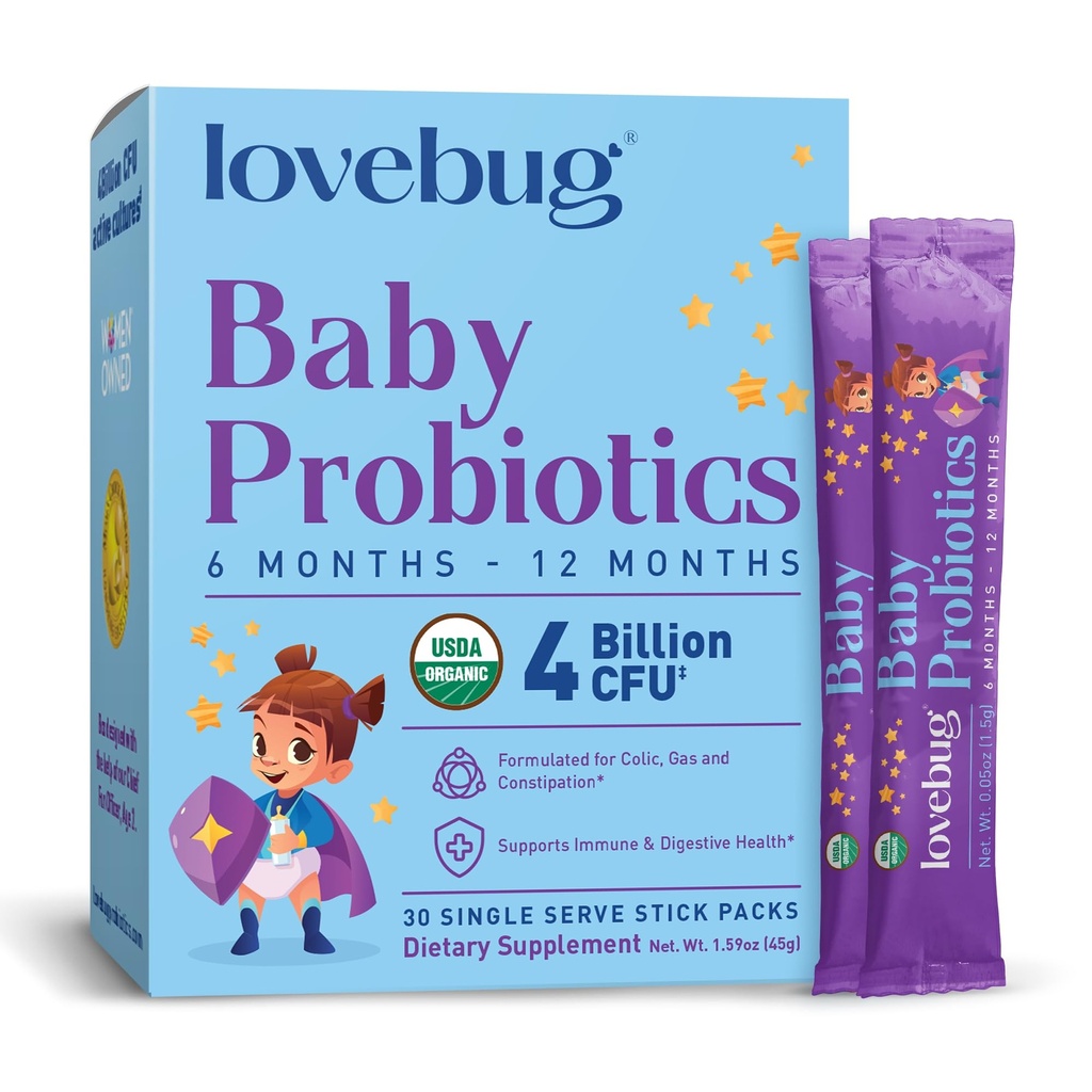 LOVEBUG Probiotica voor baby's - Biologische Baby Probiotica 6-12 maanden voor baby Immune Ondersteuning, Gas, Colic, Diarree & Infant Constipatie Relief Sugar-Free, Smaakloos Poeder, 30 Pack