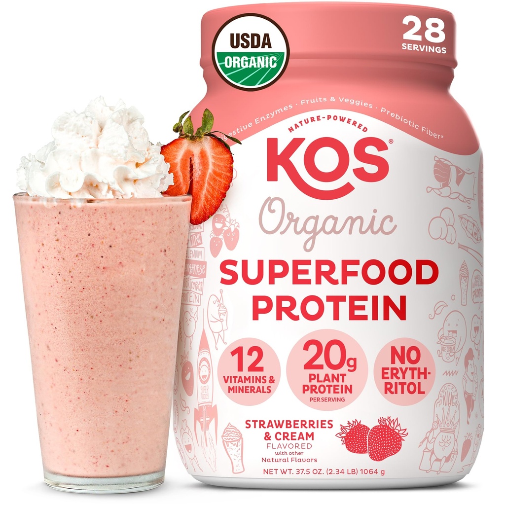 KOS Vegan Proteïne Poeder, Aardbeien & Cream USDA Biologisch - Low Carb Pea Proteïne Blend, Plant Based Superfood met Vitaminen & Mineraal, Glutenvrij - Maaltijd Vervanging voor vrouwen & Mannen - 28 Servers