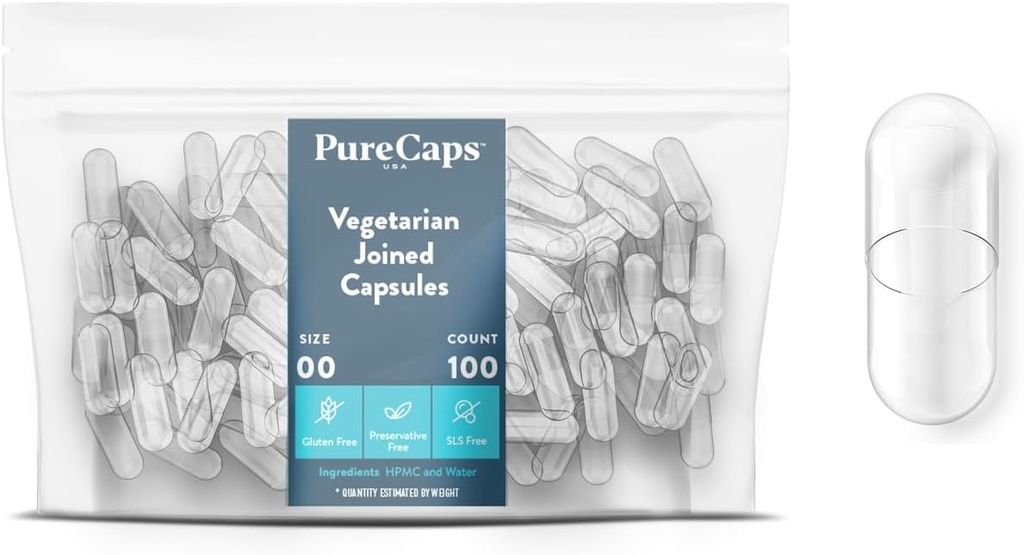 PureCaps USA - Capsules Végétariennes et Végétariennes vides Taille 00:100 Pills jumelées Effacer: Non-OGM Certifié: SLS, Gluten, Preservative Free