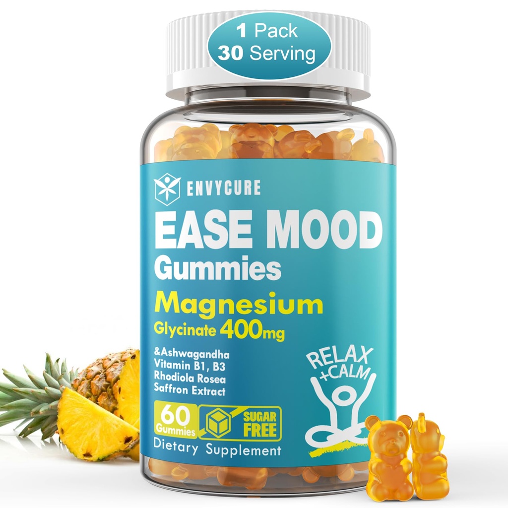 Suikervrij Magnesium Glycineer Gummies 400mg met Ashwagandha, B1, B3, Rhodiola Rosea & Saffron voor ondersteuning rust, Mood & Energy Kalm Magnesium Gummies voor volwassenen, Kauwbare Magnesium Supplement, 60Ct