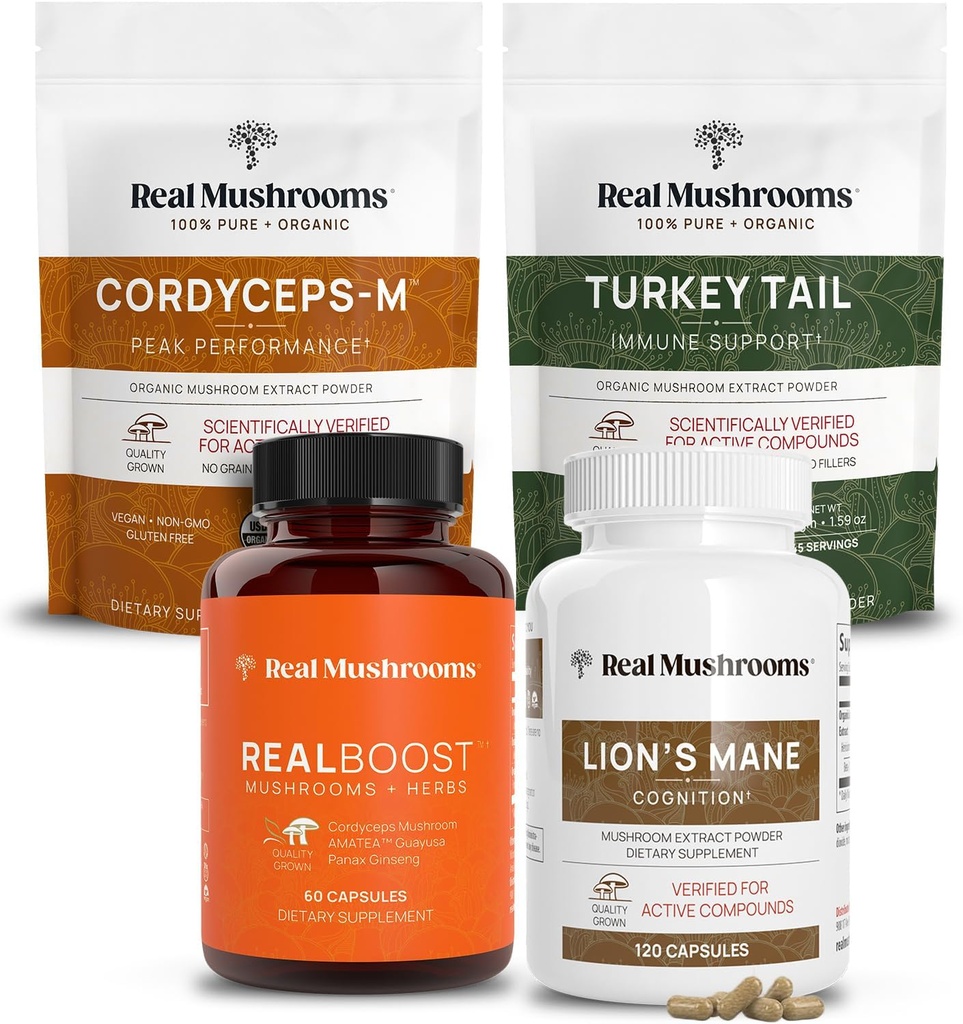Real Paddestoelen RealBoost (60ct), Lions Mane (120ct), Cordyceps & Turkey Tail Mushroom Powder & Capsules Bundle - Mushroom Supplement for Energy, Vitality, Endurance & Cognition - Vegan, Non-GMO