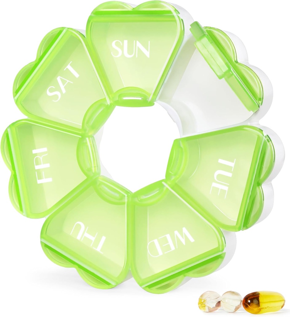 MOLN HYMY Large Weekly Pill Box 7 Day, Cute Pill Case Organizer 1 keer per dag, Floral Pill Container Eenmaal daags, Pretty Medicine Dispenser voor Vitamine/Visolie / Medicatie/Suplements (Groen)