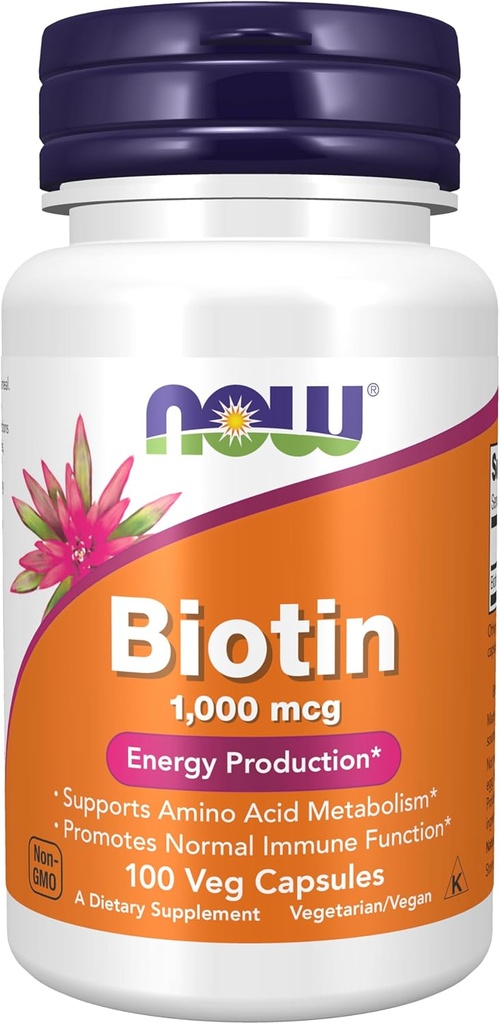 NOW Foods Supplementen, Biotine 1.000 mcg, Aminozuur Metabolisme*, Energieproductie*, 100 Capsules