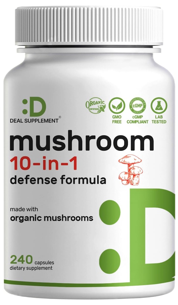 Biologische 10-in-1 Paddestoelensupplement, 240 Capsules, Lions Mane, Turkije Staart, Reishi, Cordyceps & Meer Paddestoel Complex 