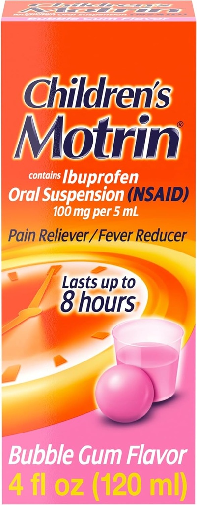 Kinderen Motrin Oral Suspension Medicine, 100 mg Ibuprofen, Kids Fever Reducer & Pain Reliever for Minor Aches & Pains Vanwege Cold & Flu, Alcohol-Free, Bubble Gum Flavored, 4 fl.oz