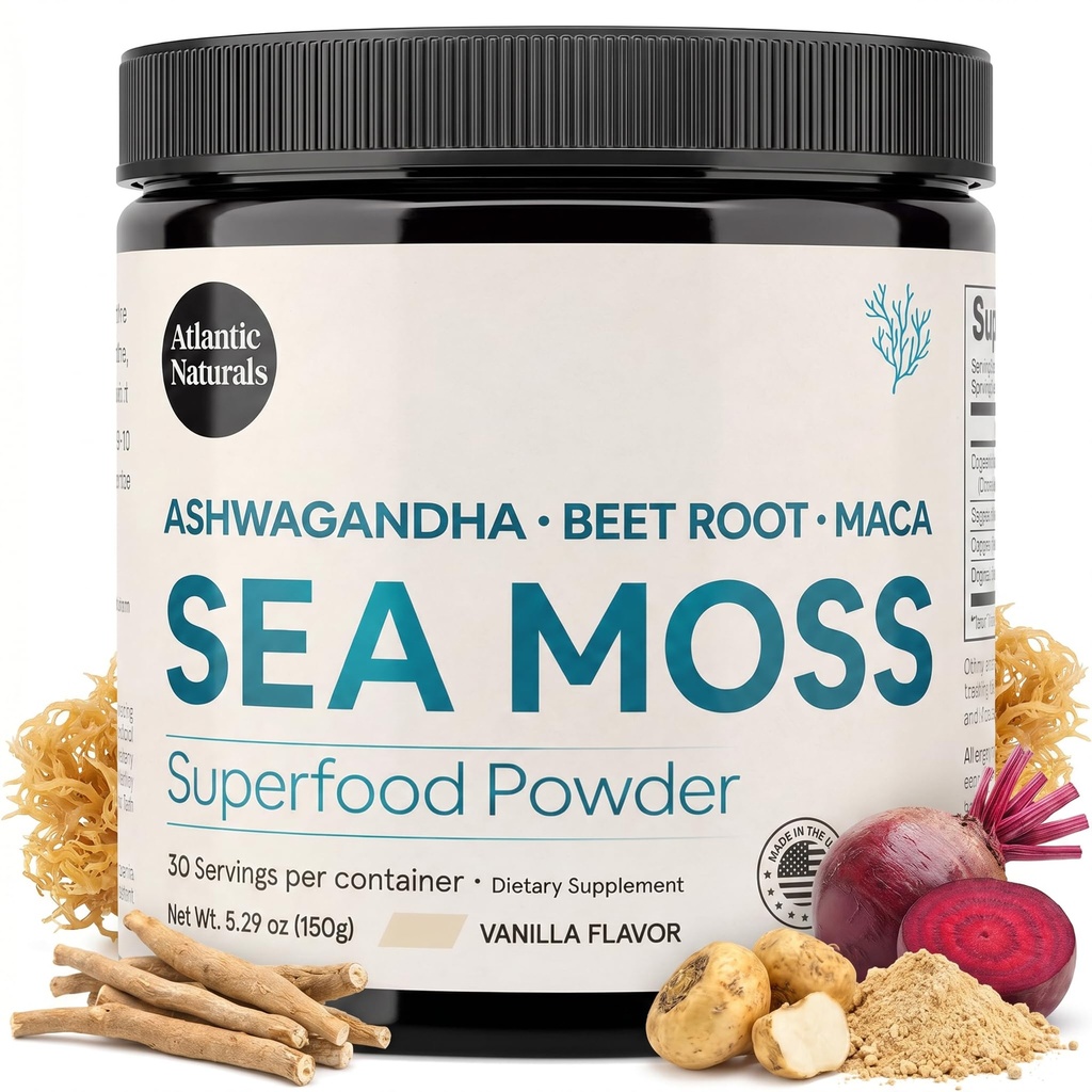 Atlantic Naturals Sea Moss Superfood Powder met Ashwagandha, Beet Root en Maca Root - Sea Moss Powder ondersteunt gezonde huid, atletische prestaties en positieve Mood - Vanilla Flavor (150g)